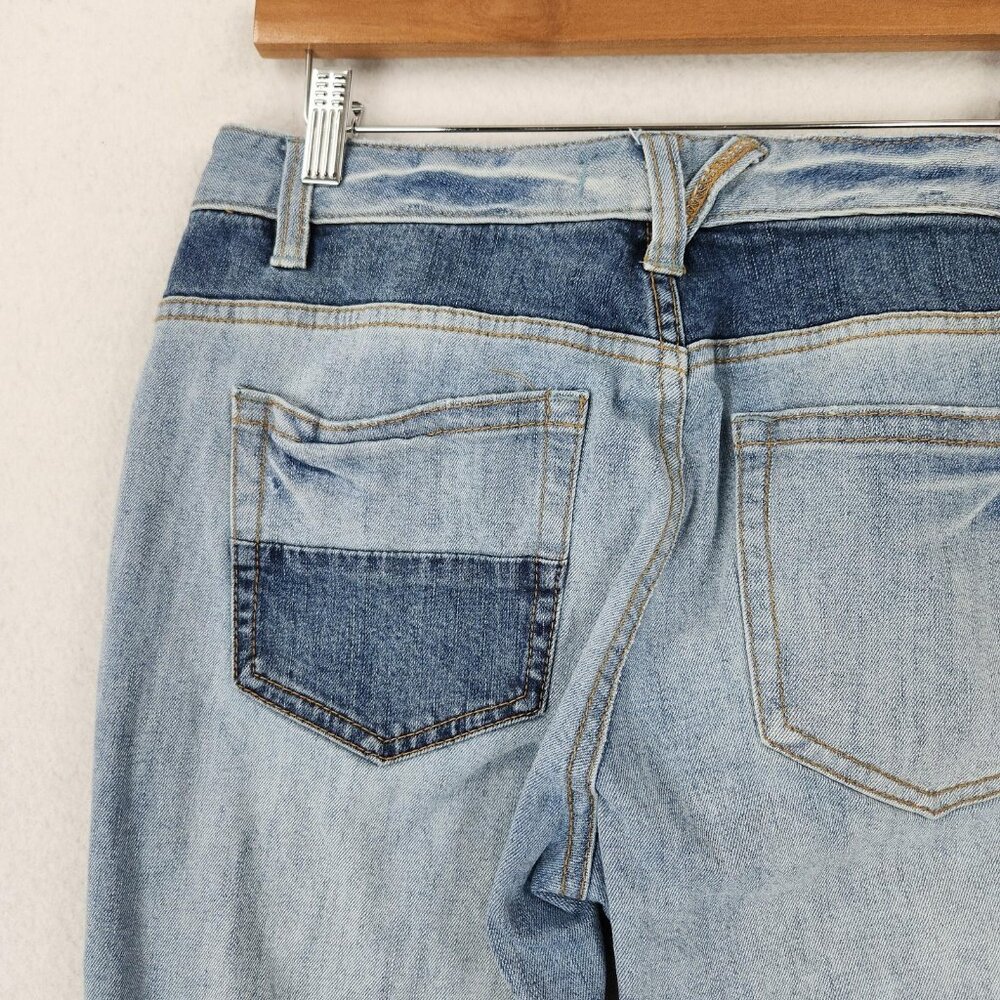 Free People Jeans Women 29 Blue Mid Rise Tapered Patchwork Raw Hem Stretch Denim - Picture 9 of 13